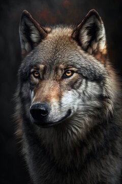 Portrait of a wolf male (Canis lupus), wild wolf on dark background. Generative AI Technology