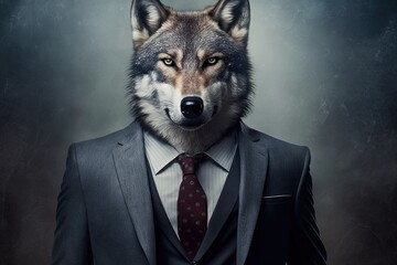 Portrait of male wolf in a business suit at the office.  Generative AI Technology