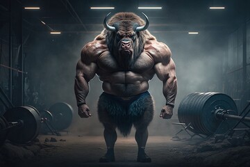 Portrait of strong buffalo in a gym. Bodybuilding genetics concept. Generative AI Technology - obrazy, fototapety, plakaty