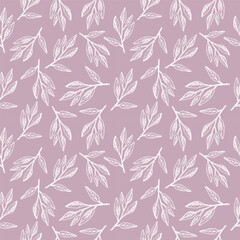Cute seamless repeating pattern with sage branch on a light lilac background, floral motif. Hand drawn leaves in a pattern for design, textile, wrapping paper and packaging design
