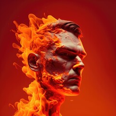 Fiery Personality: portrait of a person with a fiery personality against a blazing orange wall digital character avatar AI generation.