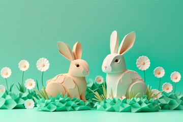 Happy Easter background. Illustration of a beautiful pair of cute paper rabbits and flowers, flat, with a light green background. Spring holiday.