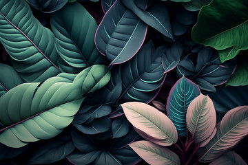 Plant leaves background, floral tropical pattern for wallpaper, generative AI. - 574312588