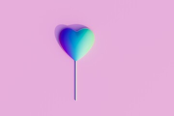 love of candy. a lollipop in the form of a heart on a stick of blue color on a pastel background. 3D render