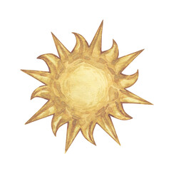 Watercolor vintage illustrations with golden sun in medieval style. Isolated on white background.