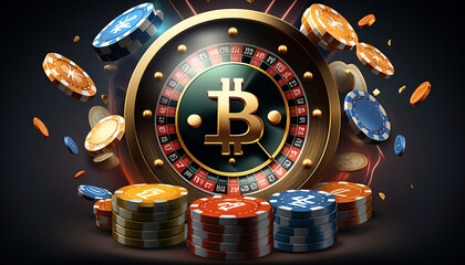 Casino roulette wheel Bitcoin  Claim Your Deposit Bonus Today - Background/Desktop/Landscape Generated AI