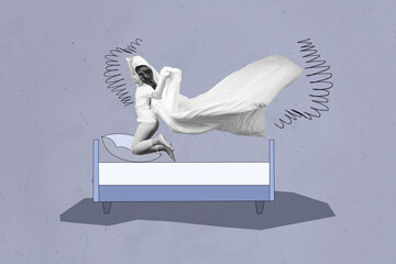 Poster banner creative collage of funny kid child girl have fun sleepover party jump bed with soft cozy duvet