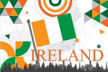 Ireland national day banner with Irish flag colors theme background and geometric abstract retro modern green orang white design. Irish Harp and map icon, celebration of St Patrick's Day
