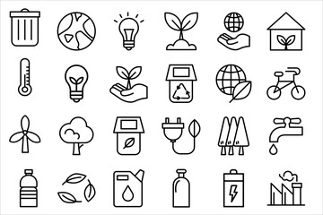 Eco friendly related thin line icon set in minimal style. Linear ecology icons. Environmental sustainability simple symbol