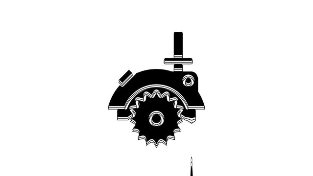 Black Electric circular saw with steel toothed disc icon isolated on white background. Electric hand tool for cutting wood or metal. 4K Video motion graphic animation