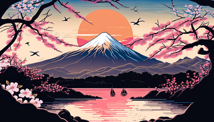 Sunrise at Mt. Fuji, spring and River with Cherry Blossoms in Japan, illustration - Generative AI - obrazy, fototapety, plakaty