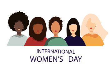 International Women's Day banner.Women of different nationalities stand together.Vector illustration.