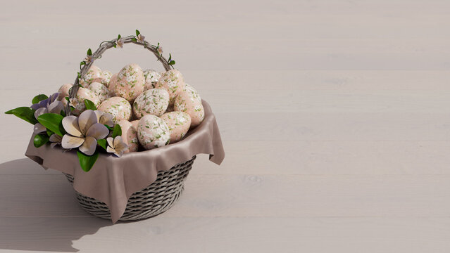 Basket of Eggs on White Wood floor with copy-space. Painted Easter Eggs with Flowers.