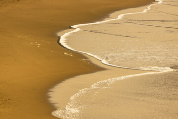 golden sandy beach with ocean waves, low tide at sunset, beautiful background, colorful landscape