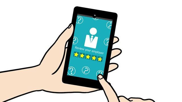 Giving 5 stars rating  an employer review on a mobile phone screen.