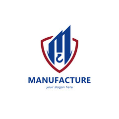 manufacturer logo in red and blue colors with flat design style, construction, industry