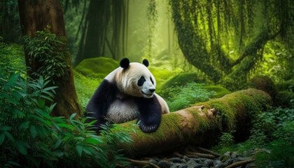 Obraz na płótnie Canvas giant panda eating bamboo made with Generative AI