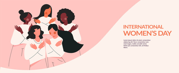 Embrace Equity International Women day 2023 vector illustration. Sisterhood and girl power concept. Woman hug yourself. 8 March feminine banner. EmbraceEquity. Female empowerment movement - obrazy, fototapety, plakaty