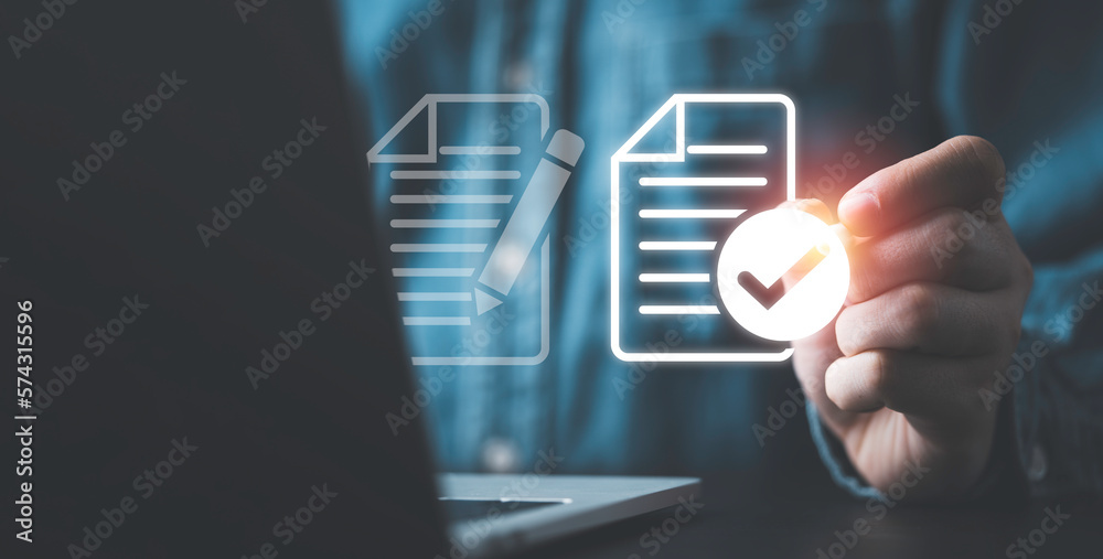 Poster businessman using electronic pen sign tick mark on virtual document for online approve paperless qua