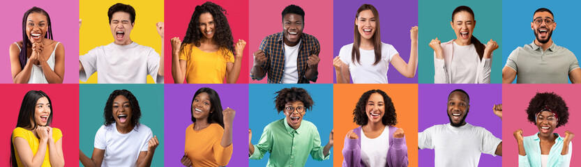 Set of cool multiracial millennials celebrating success on colorful backgrounds