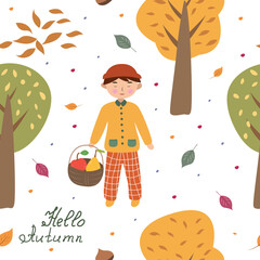 Seamless pattern with the image of a cute boy in the forest with a basket of fruits. This time of year is golden autumn.