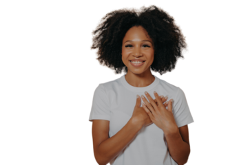 Thankful young african woman isolated on yellow studio background showing appreciation and love