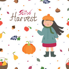 Seamless pattern with the image of a little girl with fruit. Autumn rich harvest.