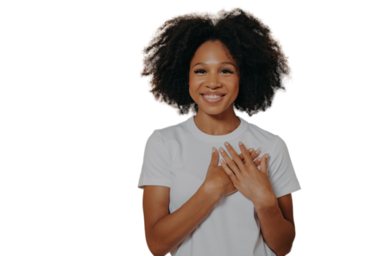 Thankful young african woman isolated on yellow studio background showing appreciation and love - Powered by Adobe