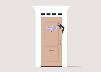 LGBTQ friendly safe space, a queer community support, A spooky monster hand trying to unlock a chain lock, unsafe environment