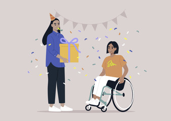 A birthday party, a jubilee using a wheelchair support due to moving disability