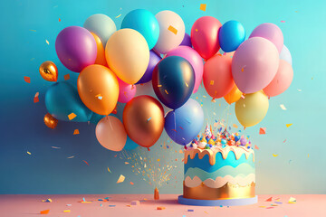 birthday party balloons with confetti and cake on light blue background, post processed AI generated art. - obrazy, fototapety, plakaty