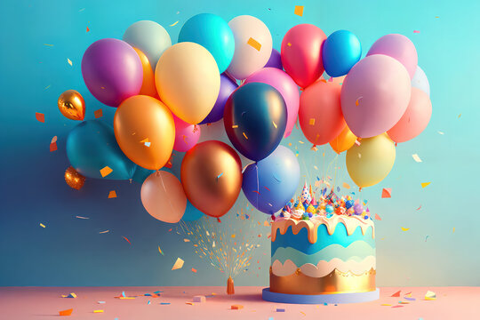birthday party balloons with confetti and cake on light blue background, post processed AI generated art.
