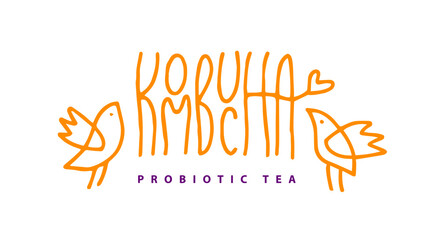 Kombucha vector hand written lettering, original calligraphy. Healthy fermented probiotic tea. Superfood drink. Template sign design for logo, label.