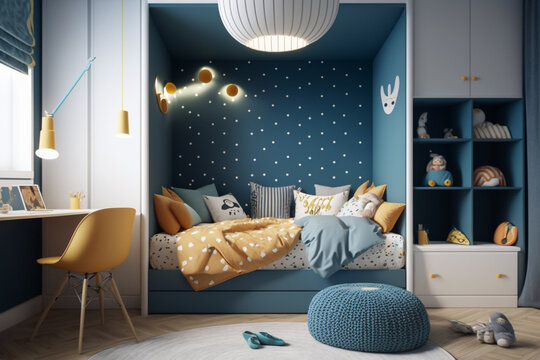 Colorful Cute Kid's Bedroom Interior Decoration. Scandavanian Modern Concept. AI Generative .