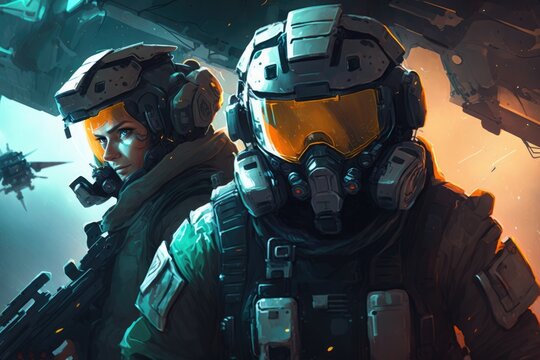 team of space mercenaries pilots their heavily-armed, modular spaceship through the galaxy, taking on dangerous missions and fighting off rival factions digital art poster AI generation.
