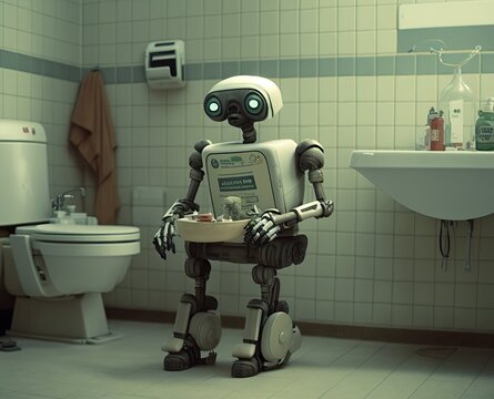 Roboter als Reinigungskraft auf der Toilette. Klofrau war gestern. Toilette wird sauber gehalten im Hotel oder auf der Autobahn mit Hilfe von Robotern
