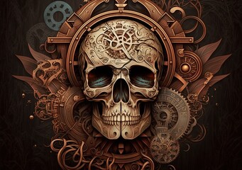 Rebirth of Industrial Age Grandeur: A Regal Steampunk Skull Illustration Generative AI