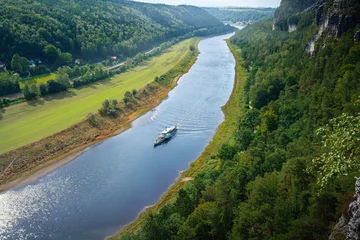 Fotobehang De Bastei Brug Aerial view of Elbe River and boat at Rathen near Bastei Bridge (Basteibrucke) - Saxony, Germany