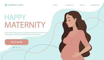 Pregnant woman concept illustration in cute cartoon style, healthcare, pregnancy. Home page banner	