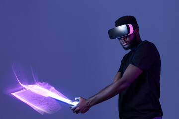African American guy in Smart glasses of virtual reality. Augmented reality game, future...