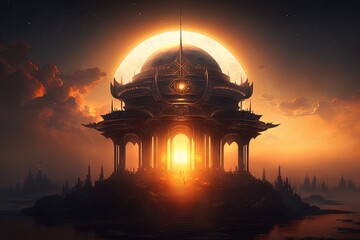 Fototapeta na wymiar The Majestic Sun Over the Glittering Sky Temple Generative AI