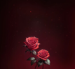 Pink rose bush on a dark background with sparks and glowing stars. Romantic cover with copy space for naming for a love story book. Generative AI.