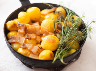 traditional homemade dish. fried young potatoes with bacon and dill serving in skillet