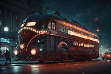 Plakat double decker bus on a city street at night
