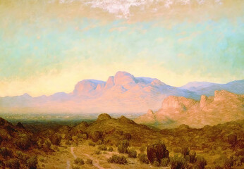 Stunning landscapes, mountains, painting, wallpaper. Generative AI.