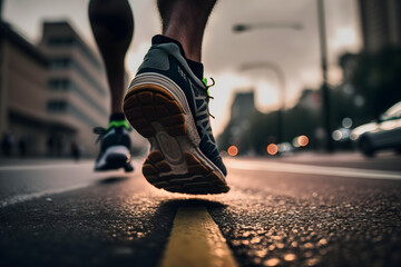 Runner in running shoes in a city on concrete