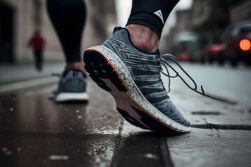 Runner in running shoes in a city on concrete after rainfall - obrazy, fototapety, plakaty
