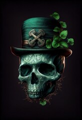 St. Patrick's Day skull wears a hat with clover leaves on a dark background, generative AI
