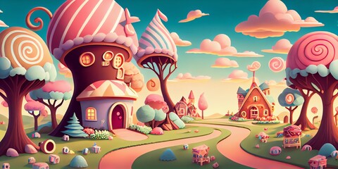 Illustration of ai midjourney generated fantasy illustration of a small cute candy village. Generative AI
