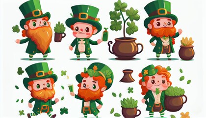 Obraz na płótnie Canvas St. Patrick's Day set of different characters of leprechauns in different suits. Illustrations. Cheerful men character. Beer, pot of gold and Irish flag. For design and stickers, generative AI